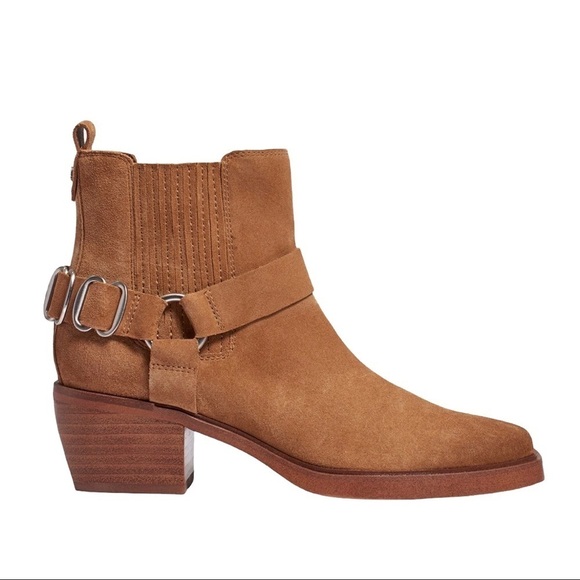 Sam Edelman Bellamie Bootie Camel Suede Size 8 Ankle Bootie Chunky Heel Strap - Picture 2 of 12